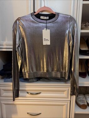 Zara Metallic Silver Long-Sleeve Crewneck Sweatshirt